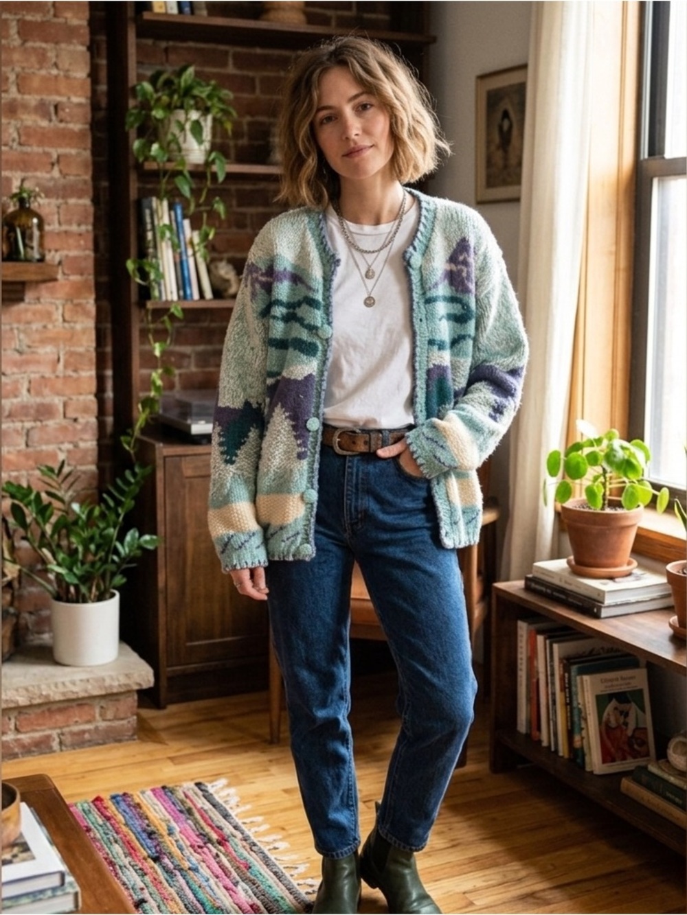 VTG Heirlooms Hand Knit Wool Blend Cottagecore Grannycore Cardigan Large.